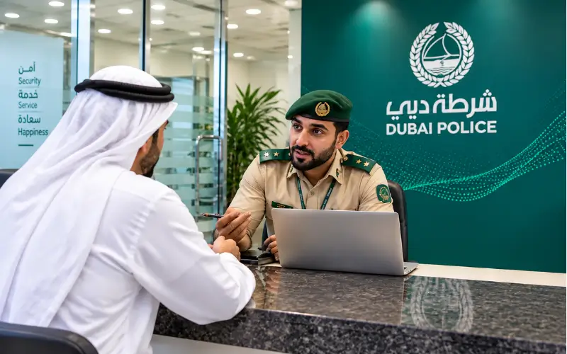 ubai Police officer assisting a visitor at Naif Police Station service desk